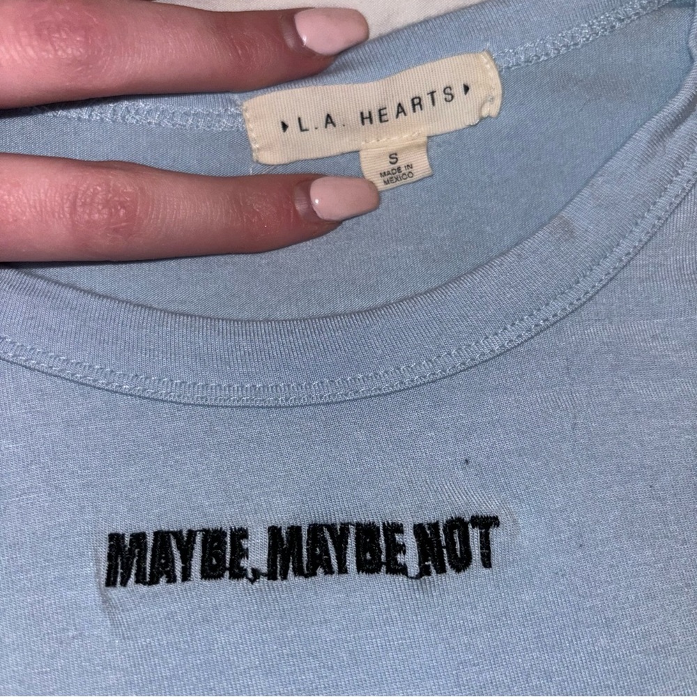 La Hearts Light Blue Crop Top with 'MAYBE. MAYBE NOT' Embroidery - Picture 2 of 3